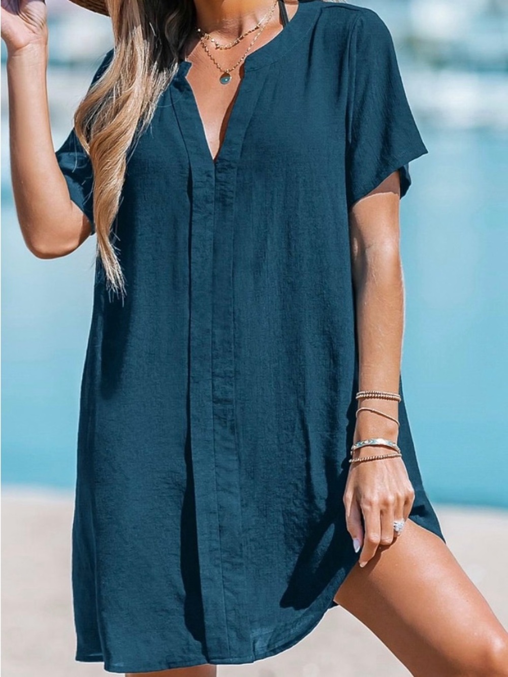 Cupshe Teal V‑Neck Short Sleeve Swim Coverup Tunic